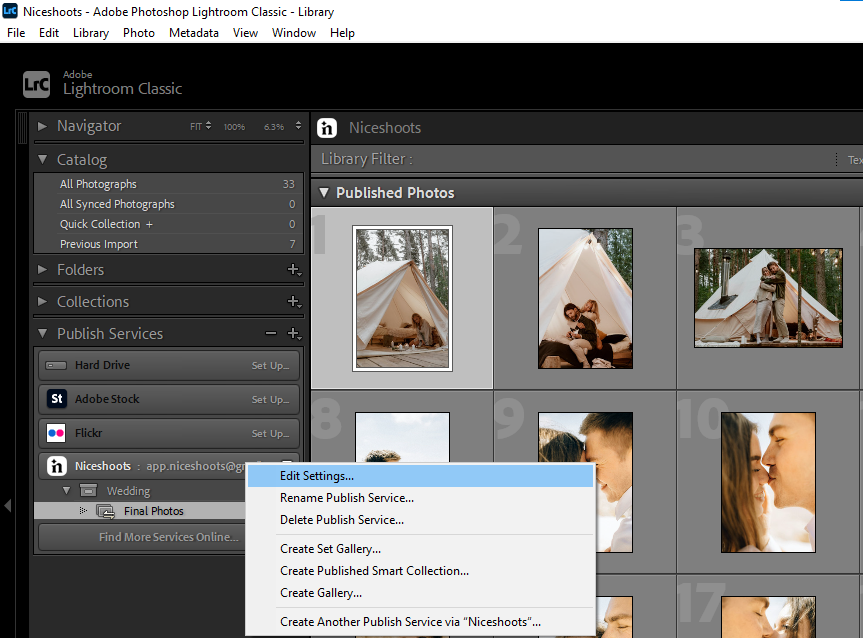 The 'Edit Settings' option in Lightroom.