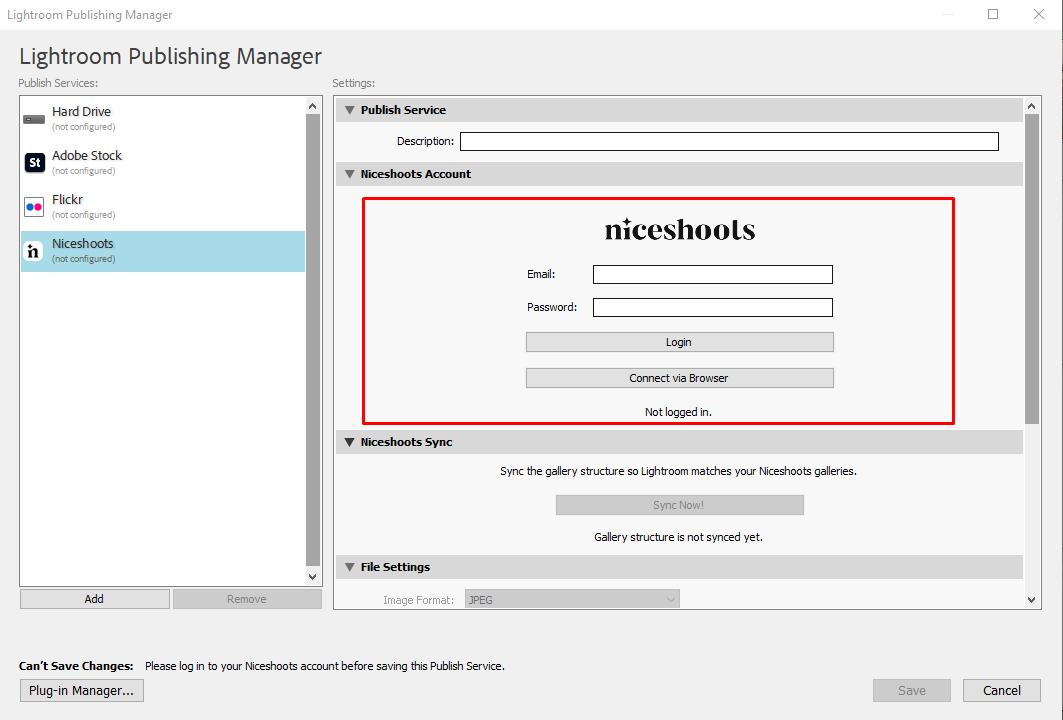 The Niceshoots plug-in login screen in Lightroom.