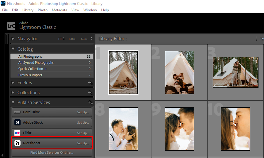 The Niceshoots plug-in under the Publish Services tab in Lightroom.
